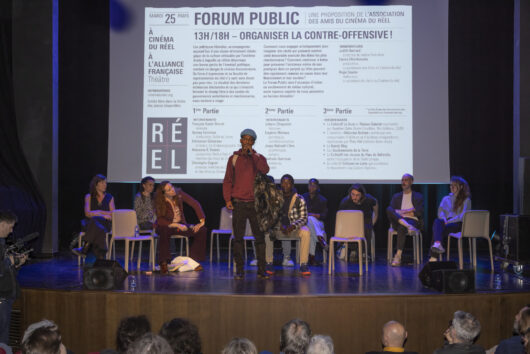 25 March - ParisDOC - Public Forum, Organiser la contre-offensive ! third part, with : le collectif La Buse et Réseau Salariat, L'initiative "Déborder Bolloré", Les Soulèvements de la terre, Le Bondy Blog, le Collectif des Jeunes du Parc de Belleville et le Collectif Cultures en Lutte © Coralie Marcadé