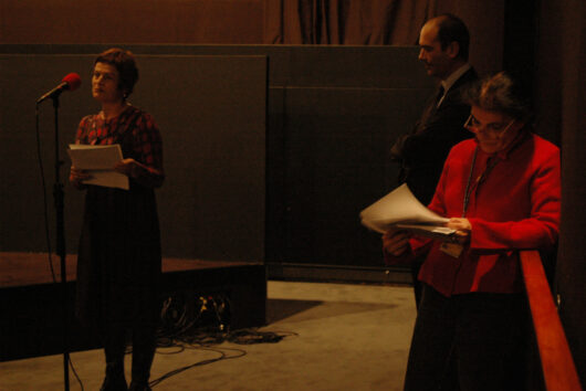8 Mars - Cérémonie d'Ouverture. Sophie Goupil, présidente de l'association Les Amis du Cinéma du réel, Thierry Grognet, directeur de la bibliothèque publique d'information et Marie-Pierre Duhamel-Muller, directrice artistique de la 29e édition de Cinéma du réel © Caroline Cieslik